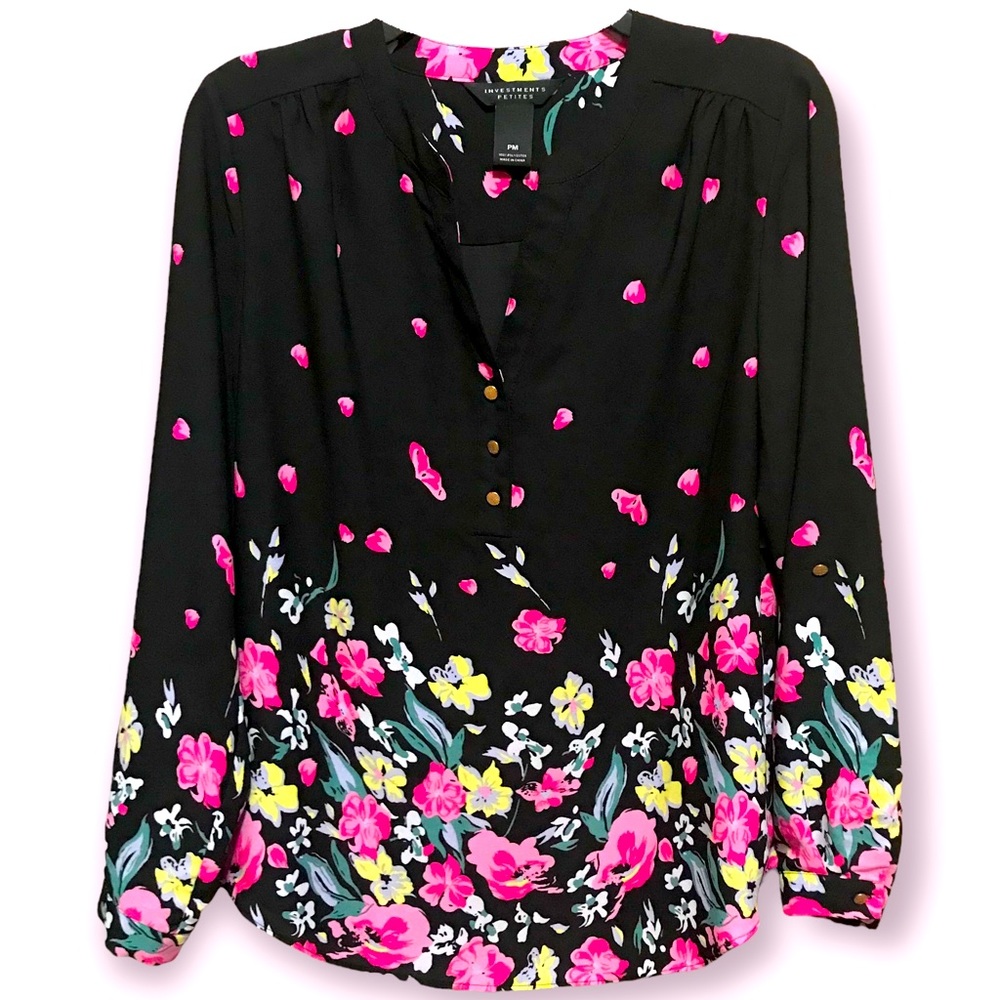 Floral Print Sheer Long Convertible Sleeve 3 Button Pullover Blouse